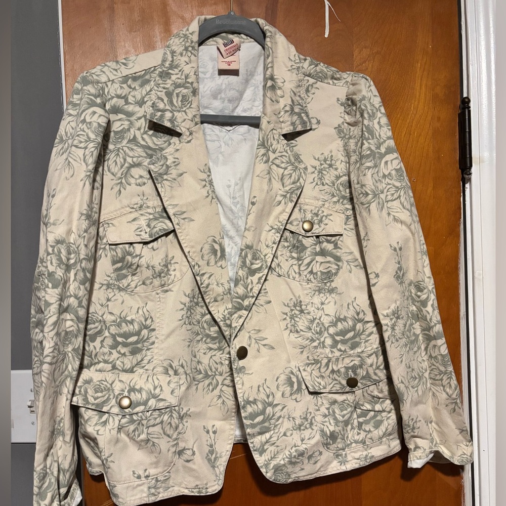 vintage floral denim jacket, cream & green